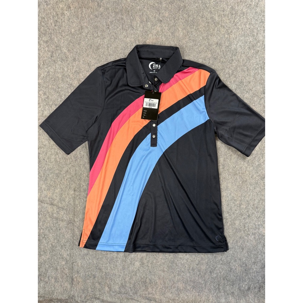 Zyia Active Polo Shirt Mens Medium M Black Polyester Retro Stripe Golf Athletic